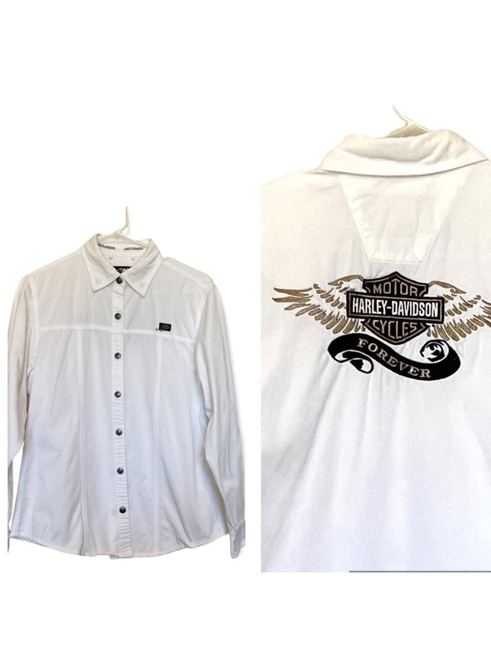VTG Harley Davidson shirt women's M Forever logo snap front long sleeve denim